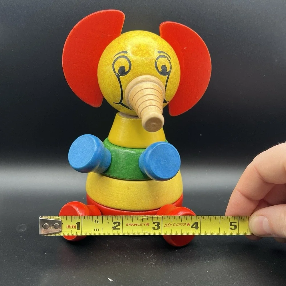 VTG‎ Elephant Wooden Stacking Puzzle 1960s Red Blue Yellow ~ FUN